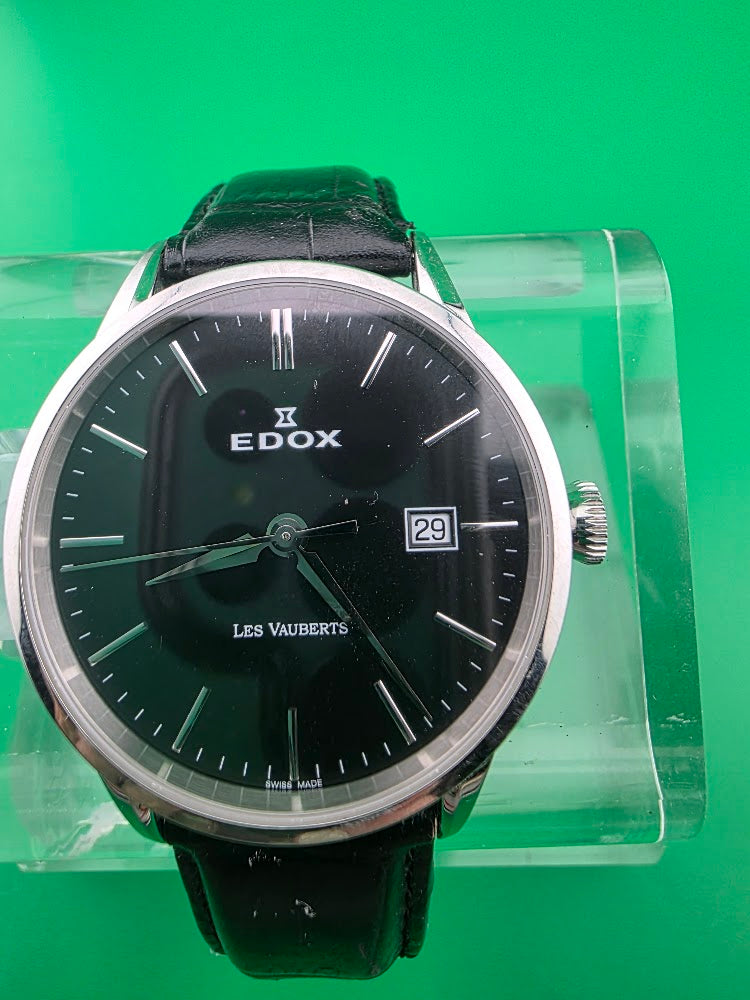EDOX Les Vauberts Quartz Black Dial Swiss Dress Watch – Box
