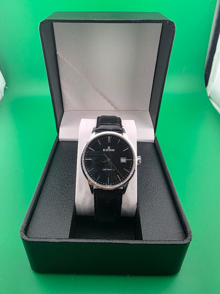 EDOX Les Vauberts Quartz Black Dial Swiss Dress Watch – Box