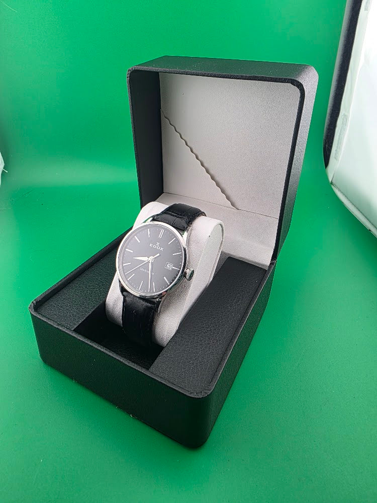 EDOX Les Vauberts Quartz Black Dial Swiss Dress Watch – Box
