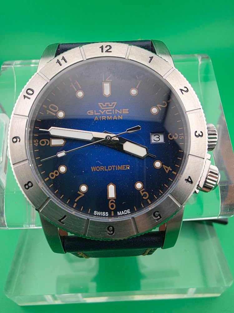 Glycine Airman Worldtimer GL1022 42mm Swiss Quartz Blue Dial – Box & Hangtag