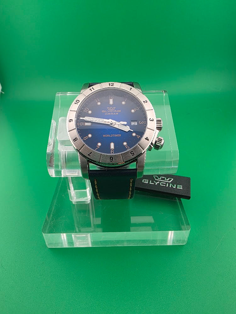 Glycine Airman Worldtimer GL1022 42mm Swiss Quartz Blue Dial – Box & Hangtag